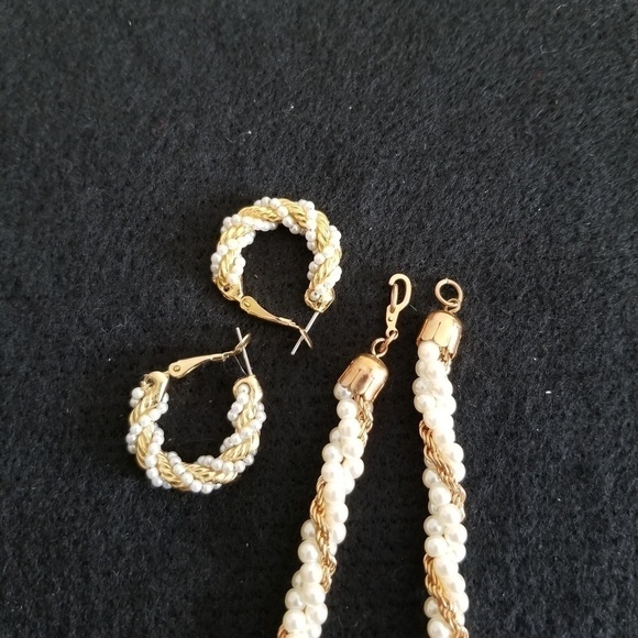 Faux Pearl Goldtone Braided Necklace and Earrings - Picture 4 of 5